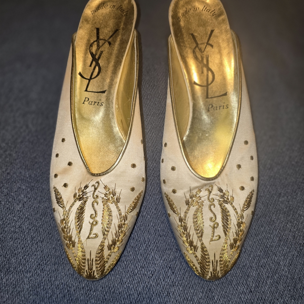 Yves Saint Laurent Gold and Cream Embroidered Mules